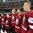 MOSCOW, RUSSIA - MAY 14: Latvia's Guntis Galvins #13, Kaspars Daugavins #16, Rodrigo Abols #18 and teammates look on during the national anthem after a 2-1 preliminary round win over Kazakhstan at the 2016 IIHF Ice Hockey World Championship. (Photo by Andre Ringuette/HHOF-IIHF Images)

